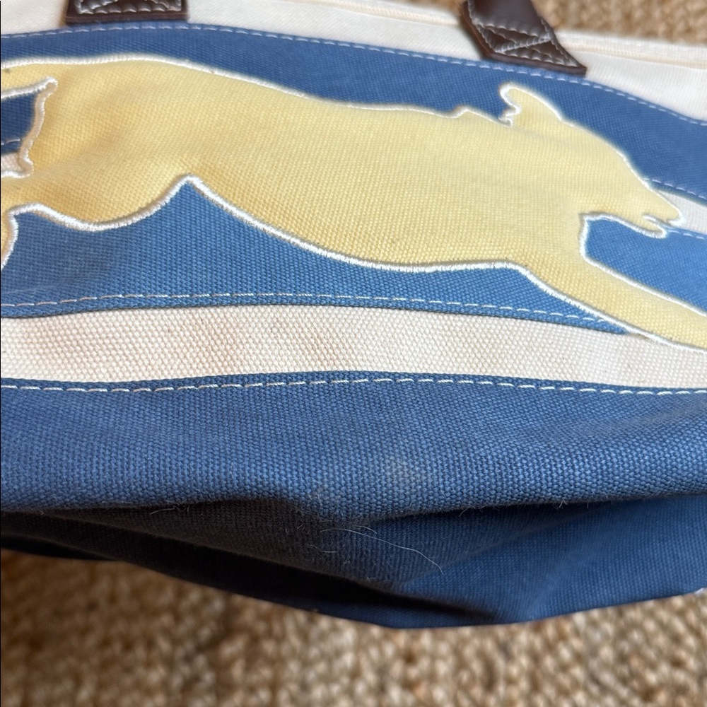 L.L.Bean Blue White Striped Yellow Lab DogLeather Strap Purse Mini Small - Picture 8 of 8